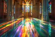 : A stained glass entrance in a cathedral, reflecting rainbow patterns and echoing sounds