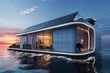 Sleek Futuristic Smart Home with Rooftop Solar Panels and Waterfront Panoramic View at Sunset