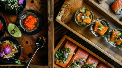 Wall Mural -  A photo of a tray with close-up detail of utensils and food, with a bowl off to the side