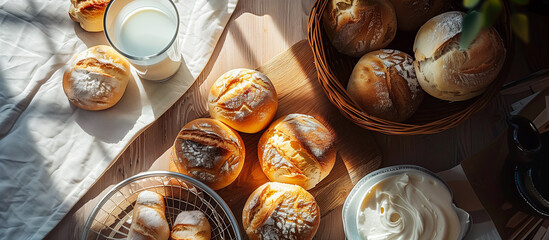 Wall Mural - delicious bread rolls and a glass of milk