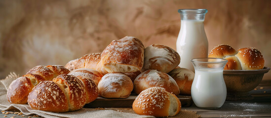 Wall Mural - delicious bread rolls and a glass of milk