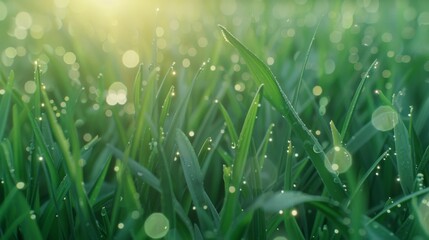 Wall Mural -  Grass blades glisten from dewdrops under golden sunlight