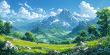 Fototapeta Przestrzenne - Japanese or fantasy eastern landscape. Spring summer autumn. Beautiful natural mountain place. Panorama background. Digital painting. Poster, invitation, flyer, banner, header. Generative Ai content