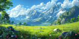 Fototapeta Natura - Japanese or fantasy eastern landscape. Spring summer autumn. Beautiful natural mountain place. Panorama background. Digital painting. Poster, invitation, flyer, banner, header. Generative Ai content
