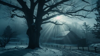 Poster -  Sun shining bright through foggy sky over barn in snowfield with tree in fg