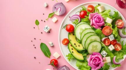 Poster -  A white plate with cucumbers, tomatoes, onions, and sliced cucumbers on a pink surface