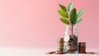 Plant growing in coins inside glass jar - A conceptual photography showing a fresh green plant growing out of coins in a glass jar