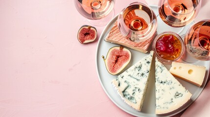 Wall Mural -  A platter featuring cheese, crackers, and glasses of wine sits on a pink background with a matching surface