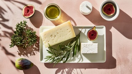 Wall Mural -  A white platter with cheese, olives, and olive oil on it