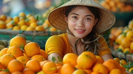 Poster -  A straw-hatted woman stands near orange piles at a market fruit stand