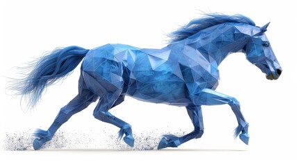Wall Mural -  A blue equine gallops in a low-poly style against a white backdrop