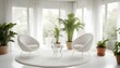 A serene white room with organic-shaped white chairs placed on a white shag rug, surrounded by potted greenery and bathed in soft natural light filtering through sheer curtains.