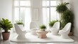 A serene white room with organic-shaped white chairs placed on a white shag rug, surrounded by potted greenery and bathed in soft natural light filtering through sheer curtains.
