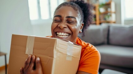 Wall Mural - Joyful Woman Embracing a Delivered Package at Home. Generative ai