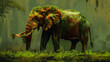  An elephant stands amidst a dense forest, surrounded by lush greenery and towering trees