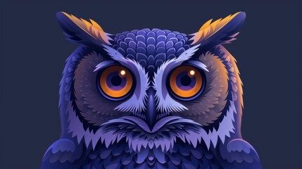 Canvas Print -  Blue owl with orange eyes perched on a tree branch, facing off into the darkness