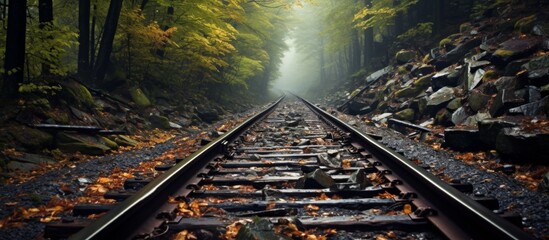 Canvas Print - A railway track runs parallel to a forest thoroughfare, providing a route for public transport vehicles through the wooded area