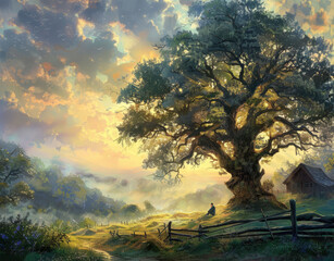 Poster -  A picture of a tree in a meadow with a person resting on a seat nearby and a barn behind it