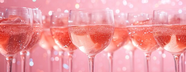 Wall Mural - Party background with pink drink or rose wine in glasses