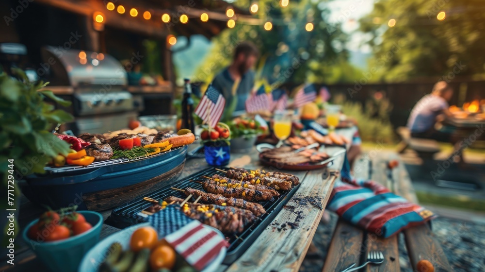 Festive Fourth of July backyard barbecue celebration with American flags, grilled food, and family gathering outdoors