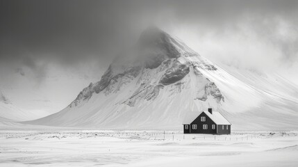 Wall Mural -  A B/W image of a house amidst a snowy field, framed by a towering mountain behind it