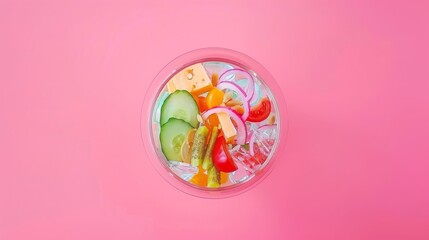 Poster -  A round pink background contains various veggies in a transparent plastic container