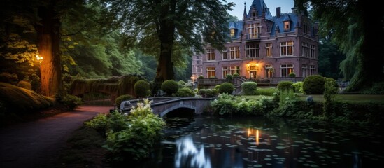 Poster - A majestic castle stands amidst a lush natural landscape, enveloped by trees and overlooking a tranquil pond with a charming bridge in front