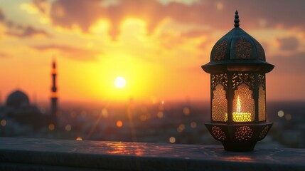 Canvas Print - Eastern Arabic lantern against the backdrop of the evening city at sunset.