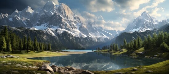 Poster - A beautiful lake lies nestled in the mountains, surrounded by lush green trees, under a clear blue sky with fluffy white clouds floating by in this stunning natural landscape