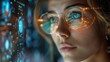 © Irina Ukrainets - Futuristic Vision, Woman with Reflective Eyewear, Conceptual Technology Look. Digital World Connection. Serene Portrait of Female Gazing Forward. AI