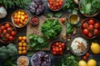 Overhead shot displaying an array of colorful fresh vegetables on a dark wooden surface
