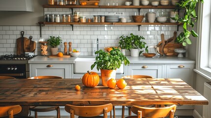 Poster -  A wooden table surrounded by chairs in a kitchen, topped by a potted plant