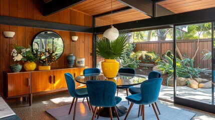 Poster -  Blue chairs surround glass table in dining room with yellow potted plant at center