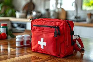 Red bag first aid kit with a white cross on it sits on a wooden table