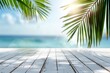 Tropical Palm Leaves Over White Wooden Deck and Ocean