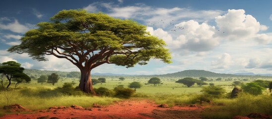 Canvas Print - A tree stands tall in the center of a grassy meadow, under a clear blue sky dotted with fluffy white clouds, creating a serene natural landscape