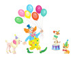 Funny clown with a large bunch of balloons in his hand and three cute circuse dogs. Isolated on white background. Vector flat illustration.