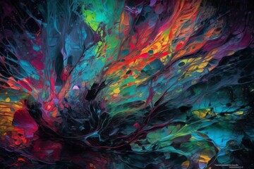 Abstract vibrant multicolor wet paint drops and splotch on black background. Bright orange and pink neon colors. Street art isolated. High quality photo