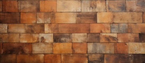 Poster - A close up of a symmetrical pattern of brown wooden rectangle tiles, resembling brickwork. The wood flooring building material showcases various tints and shades