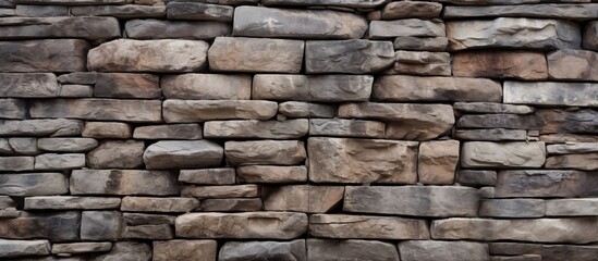 Poster - A detailed shot of a brown stone wall made up of rectangular bricks and mortar. The brickwork forms a sturdy composite material with a mix of rock and cobblestone