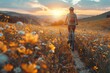 An active woman cycling through vibrant flower fields, appreciating nature with sunset in the background