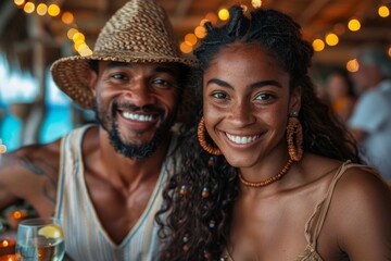 a joyful african american couple in casual attire smiling at the camera, possibly enjoying a date at