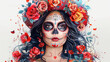 dia de los muertos girl fad with roses. Tattoo style artwork white background,generative ai