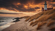Beautiful seascape. Seashore and lighthouse, sandy coastline and dry grass, dramatic cloudy sky at sunset. Nature landscape