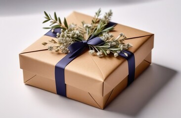 A brown box with flowers on it. The flowers are yellow and green. The box is on a white surface