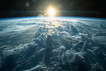 Poster - Earth from space, with a bright sun shining through the clouds