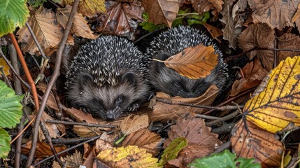 Poster -  A couple of small hedgehogs rest on a leaf-covered ground together