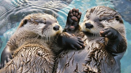  Two otters floating on a water body with hands raised above