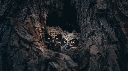 Poster -  Two owls peek from tree bark; one eye wide open