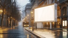 A Meticulously Detailed Scene Of A Blank White Billboard Situated At A Bustling Bus Stop On A City Street, Bathed In The Soft, Warm Glow Of The Early Morning Sun.
